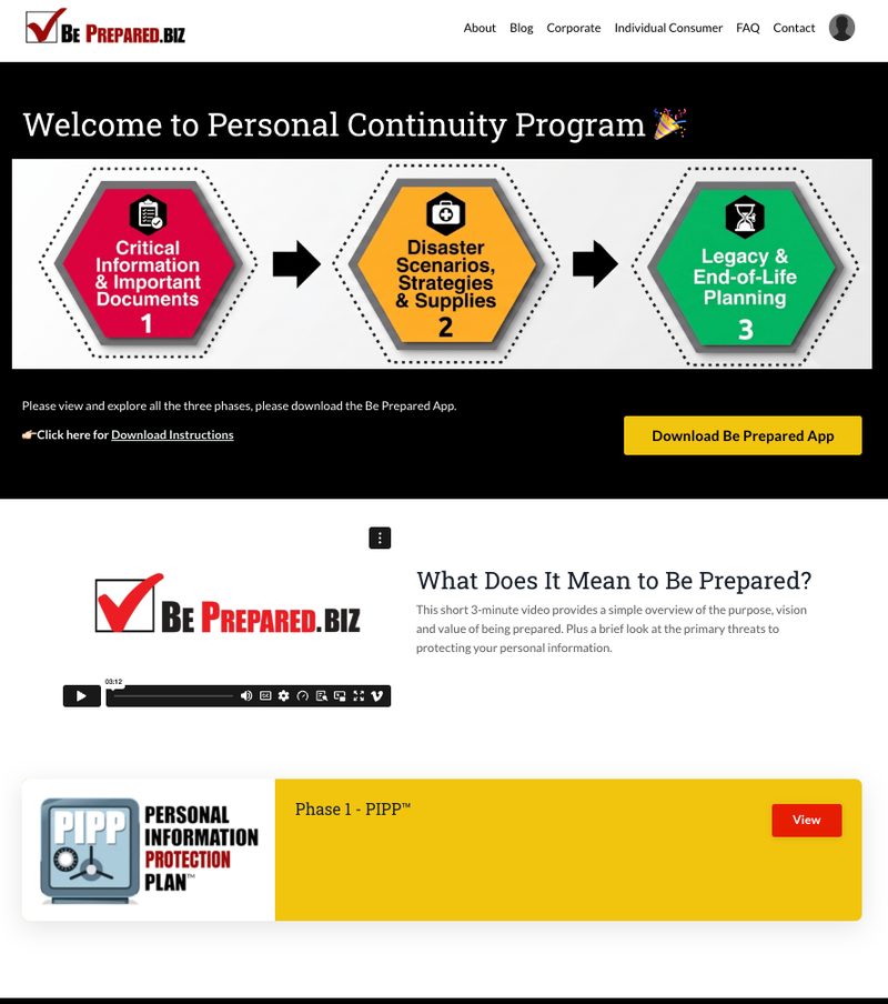 BePrepared.biz welcome screen showing the three-phase orientation flow and an introductory video